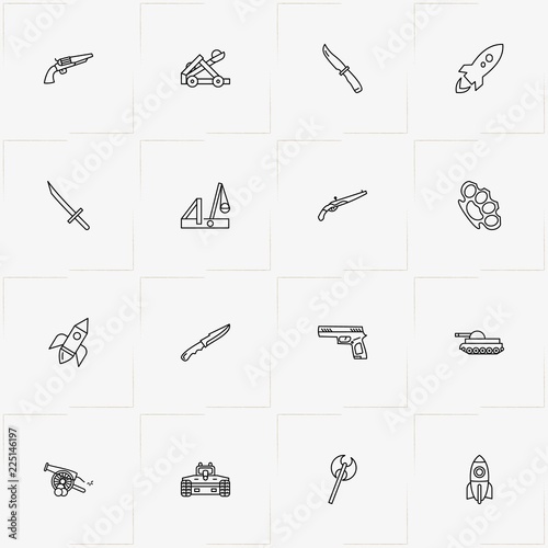 Weapons line icon set with brass knuckles, catapult and gun