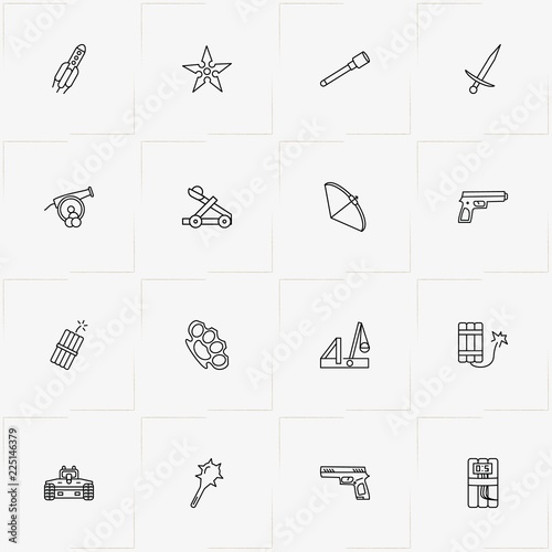 Weapons line icon set with mace, brass knuckles and crossbow