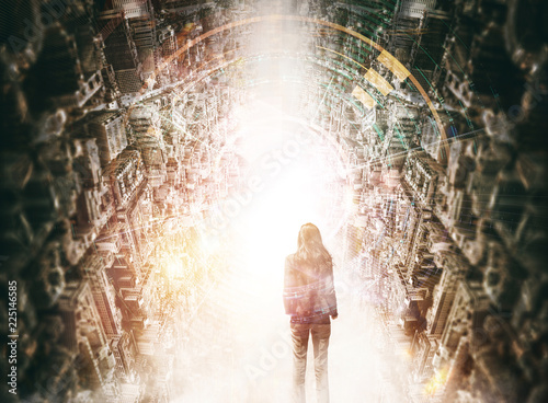 Abstract concept image of woman standing between two skylines