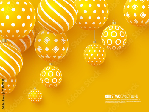 Christmas yellow balls with geometric pattern. 3d realistic style, abstract holiday background. Vector illustration.