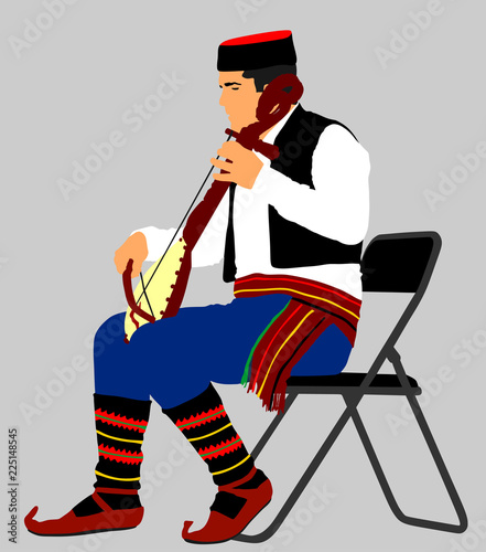 Guslar play gusle, traditional music instrument from Montenegro and Balkan. Balkan music player and singer vector illustration. Folklore artist event.