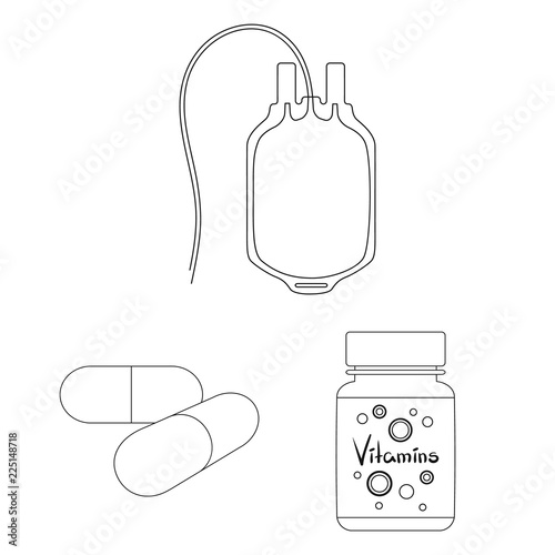 Medicine and treatment outline icons in set collection for design. Medicine and equipment vector symbol stock web illustration. photo