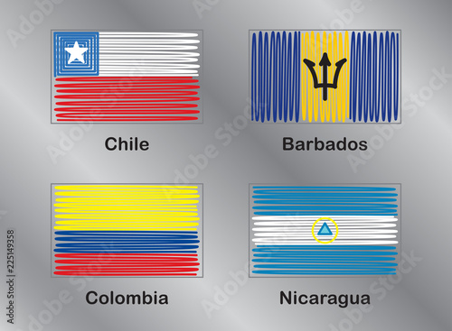 American Flags. Chili. Barbados. Colombia. Nicaragua. Vector Set