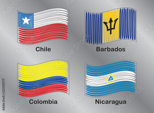 American Flags. Chili. Barbados. Colombia. Nicaragua. Vector Set