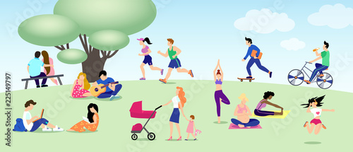 Different people relax in park, run, ride bike, skateboard, lovers. Mom, Pregnant yoga, girl with book, guy with laptop