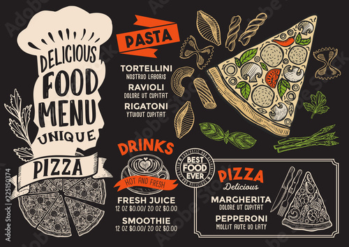 Pizza food menu template for restaurant with chefs hat lettering.