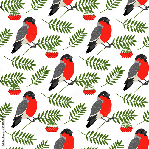 Winter seamless pattern with bullfinch and rowan berries and leaves, vector illustration