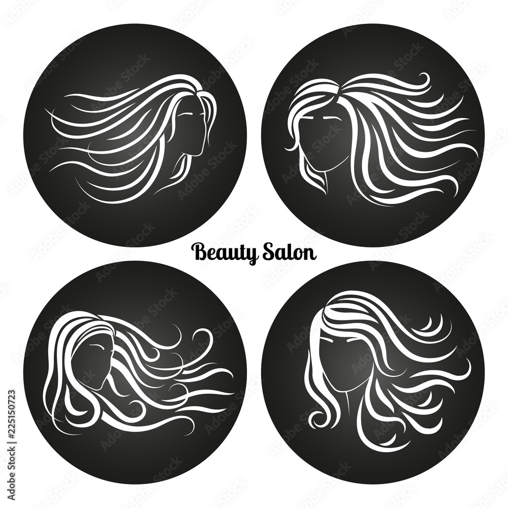 Woman beauty salon emblems set. Chalkboard logos with female head silhouettes, vector illustration Woman beauty salon emblems set. Chalkboard logos with female head silhouettes, vector illustration