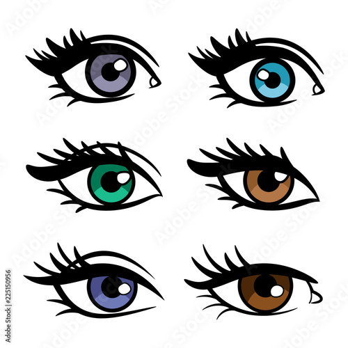 Popular colors vector female eyes isolated on white background, vector illustration