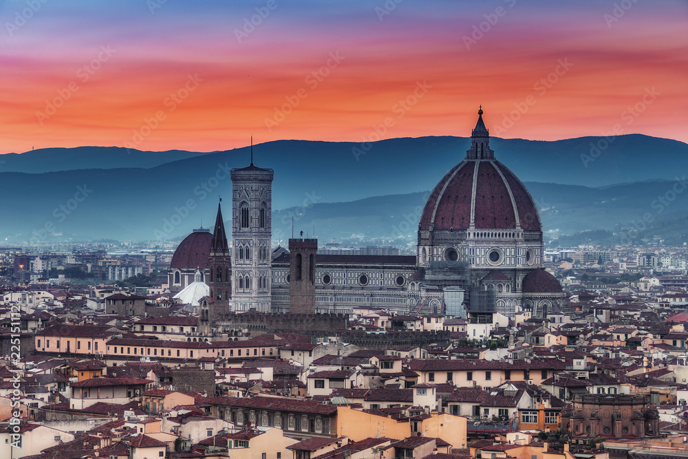 Santa Maria del Fiore cathedral in Florence, Italy, at sunset. Scenic travel background.