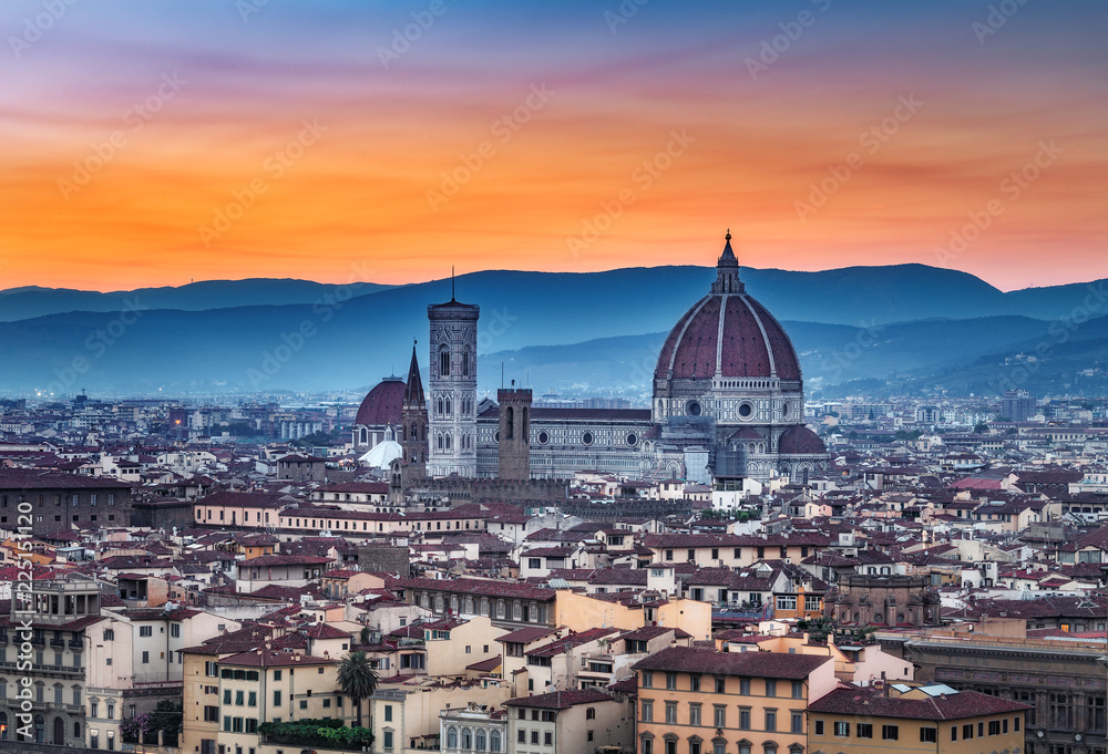 Santa Maria del Fiore cathedral in Florence, Italy, at sunset. Scenic panorama view.