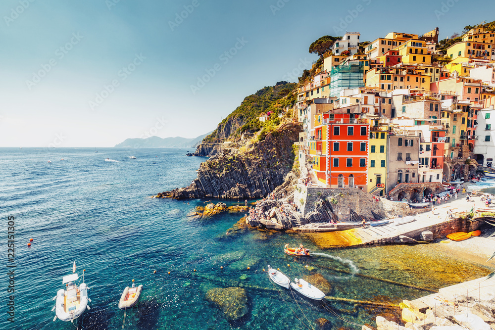 Beautiful landscape of famous Manarola village in Cinque Terre, Italy on a summer day. Scenic panorama view.