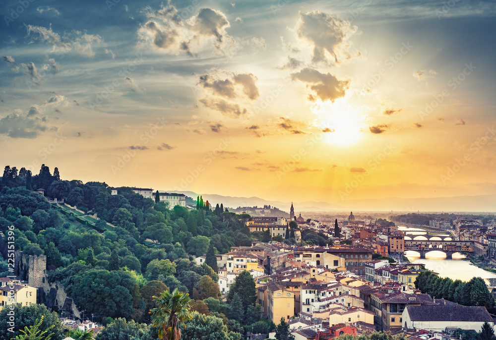 Beautiful sunset over Florence, Italy, with dramatic sky. Scenic travel background.