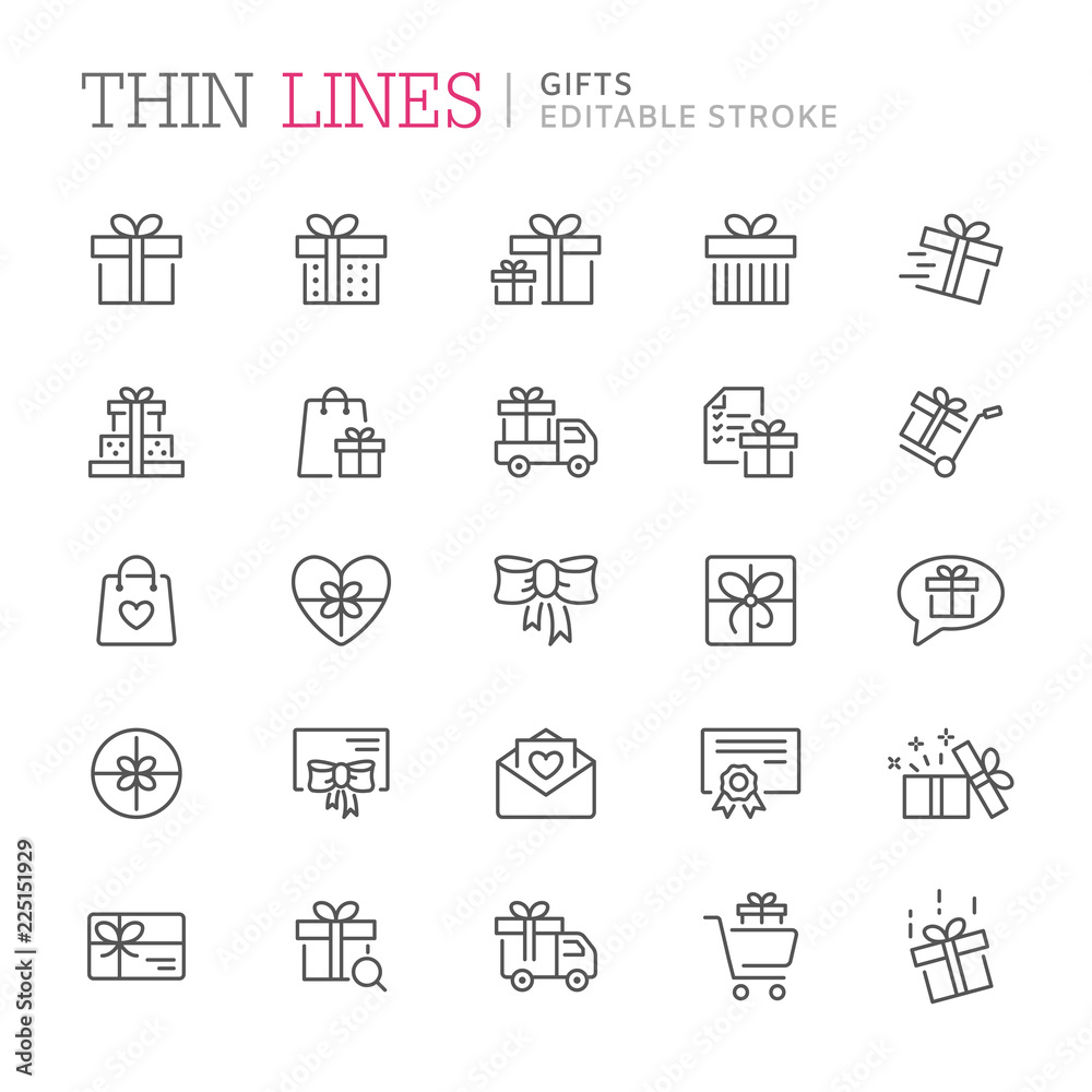 Collection of gifts thin line icons. Editable stroke