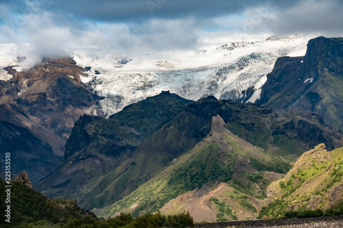 View of the Myrdalsjokull glacier , covering the active volcano Katla, Thorsmork, Highlands at the southern end of the famous Laugavegur hiking trail. photo