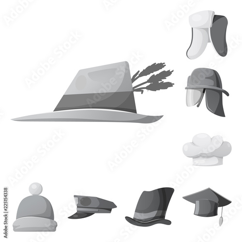 Vector illustration of headgear and cap symbol. Collection of headgear and accessory stock vector illustration.