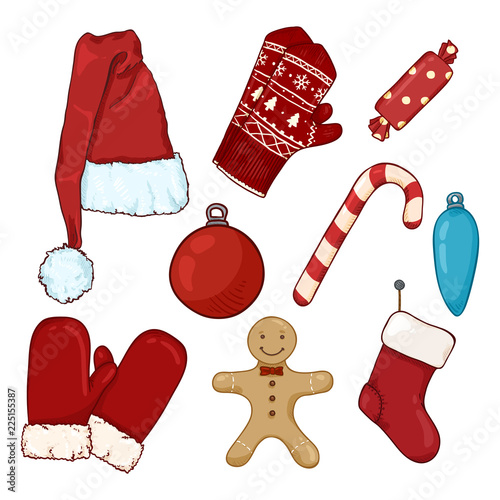 Vector Set of Cartoon Color Christmas Symbols. Clothes and Decorations.