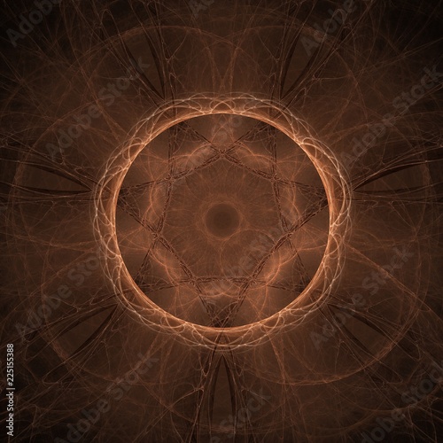 Etched Heptagram - Abstract illustration / fractal flame. Features a star in a circle and has and seven-fold rotational symmetry. Colors: various shades of bronze on a black background. photo