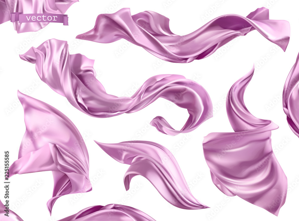 Violet curtain, fabric 3d realistic vector set - obrazy, fototapety, plakaty 