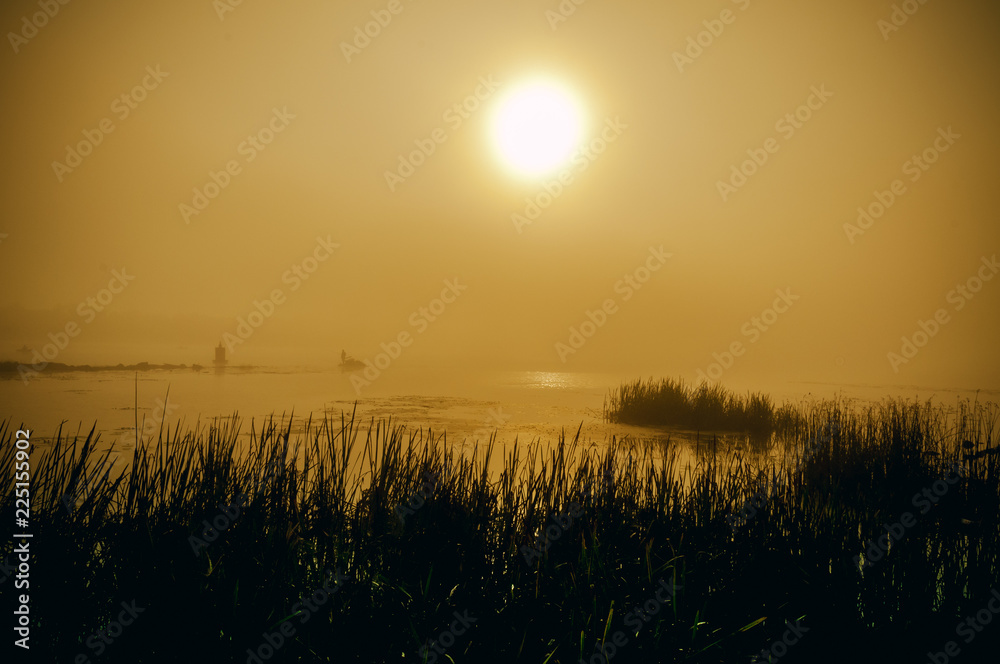 View of the Foggy Dnieper River at morning