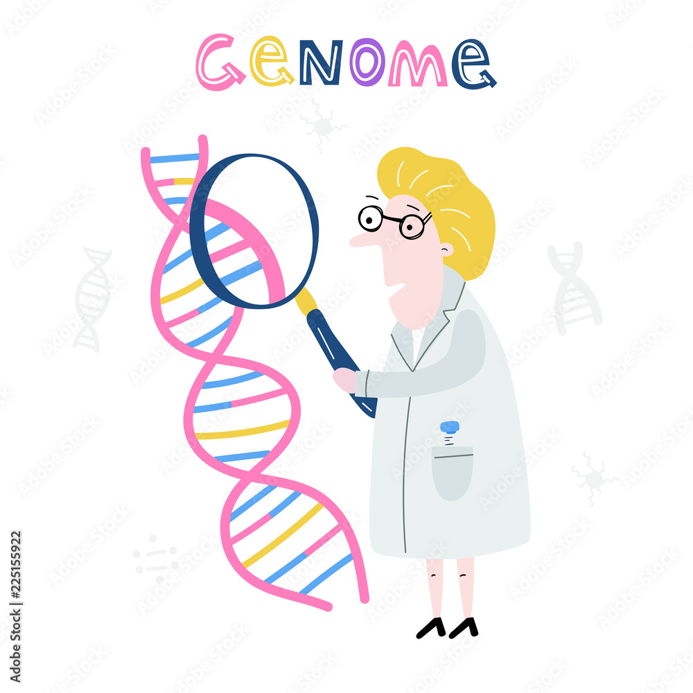 Scientist exploring DNA structure. Hand drawn genome sequencing concept made in vector. Human genome project