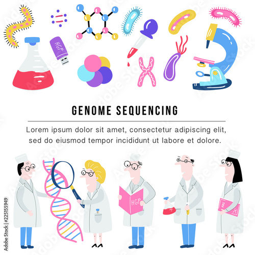 Scientist exploring DNA structure. Hand drawn genome sequencing concept made in vector. Human genome project