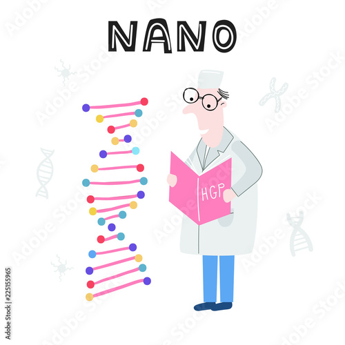 Scientist exploring DNA structure. Hand drawn genome sequencing concept made in vector. Human genome project