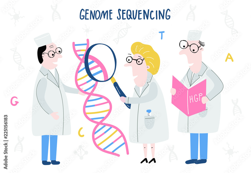 Scientist exploring DNA structure. Hand drawn genome sequencing concept made in vector. Human genome project Scientist exploring DNA structure. Hand drawn genome sequencing concept made in vector. Human genome project