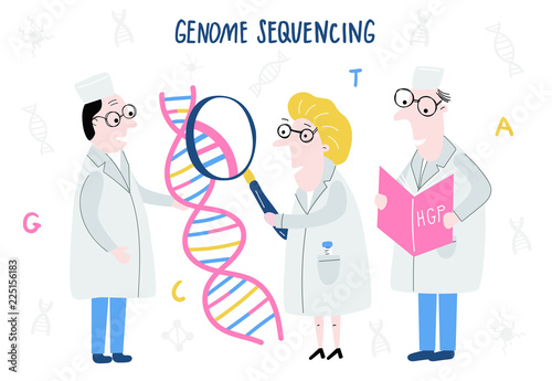 Scientist exploring DNA structure. Hand drawn genome sequencing concept made in vector. Human genome project