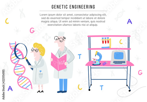 Scientist exploring DNA structure. Hand drawn genome sequencing concept made in vector. Human genome project