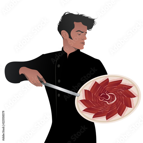 Handsome Spanish chef holding a knife and showing a delicious dish of Iberian Ham, isolated on white background