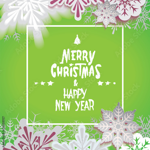 Merry Christmas retro postcard with defocused snowfall and textual signboard in the cover isolated on green background