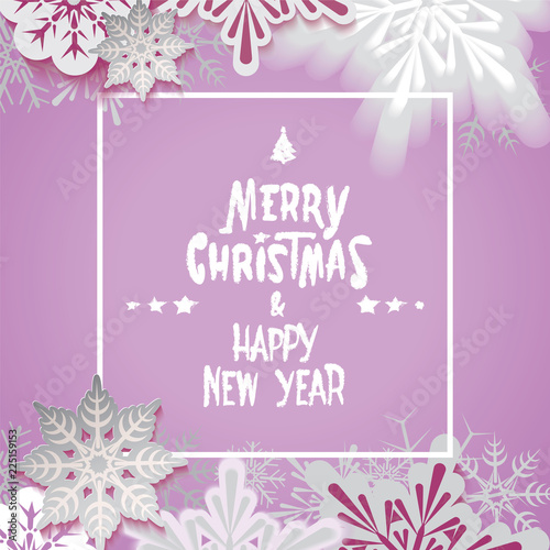 Merry Christmas retro postcard with defocused snowfall and textual signboard in the cover isolated on purple background