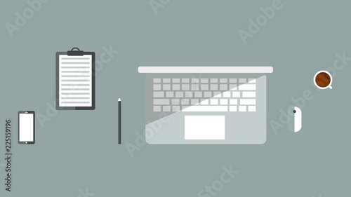 Flat design vector illustration of a desk with laptop, mouse phone pencil storyboard and coffee cup. EPS10 compatible