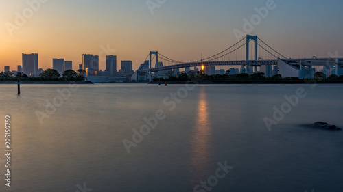 Sunset view of Tokyo Bay, Tokyo city center and Rainbow bridge