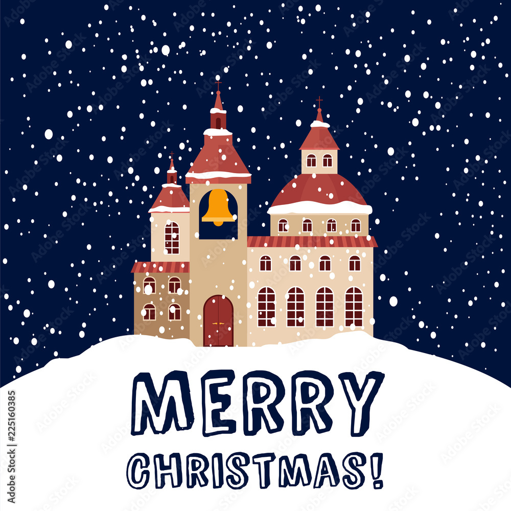 Christmas card with christian church and snowfall vector illustration