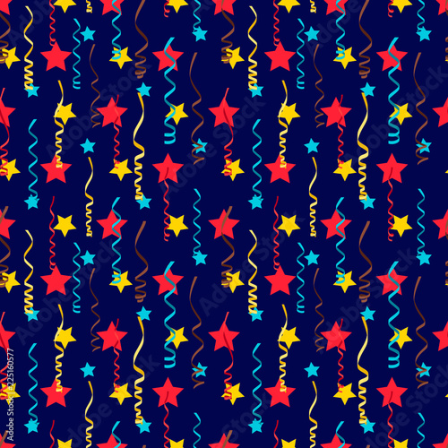 Festive seamless pattern with colorful stars and serpentine for christmas, birthday party, holidays, vector illustration