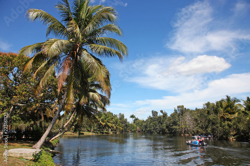 Boat with tourists going along the river among tropical forest under blue sky and white clouds