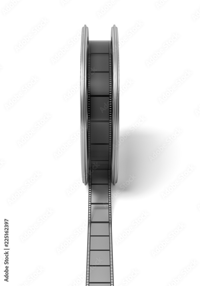 3d rendering of a single movie reel with the film unwinding from the inside in a side view on a white background.