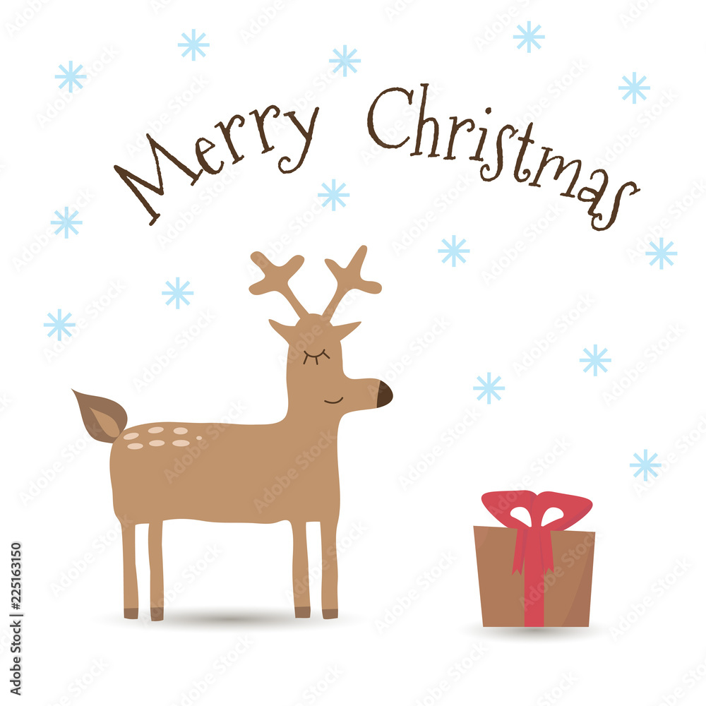 Merry Christmas greeting card with cute deer and gift