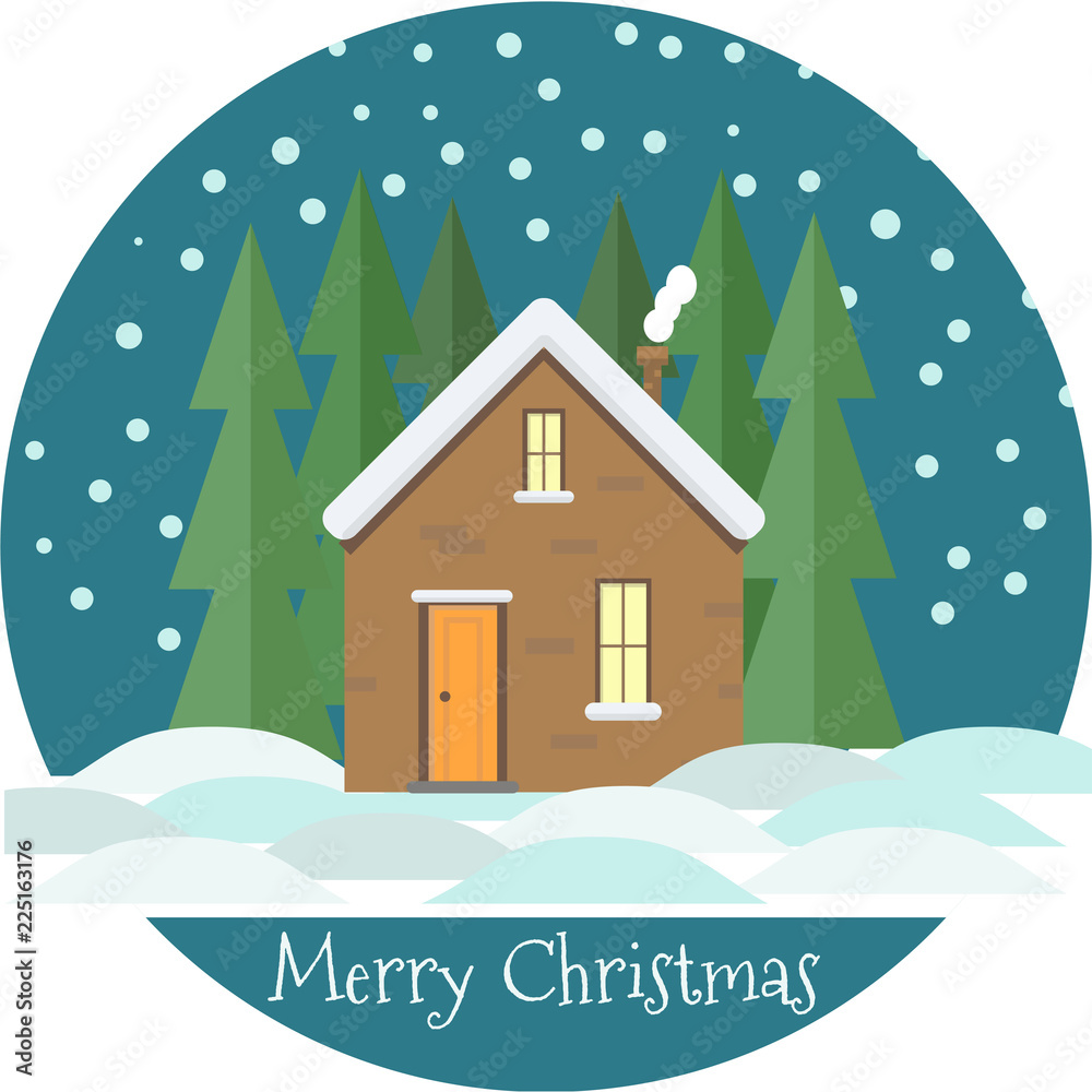 House in the night forest with snow in a flat style. Holidays lettering.