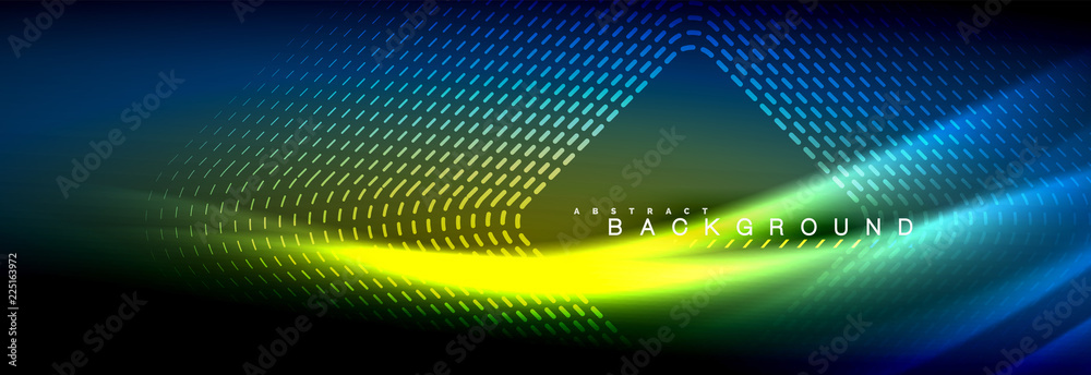 Neon glowing fluid wave lines, magic energy space light concept, abstract background wallpaper design Neon glowing fluid wave lines, magic energy space light concept, abstract background wallpaper design
