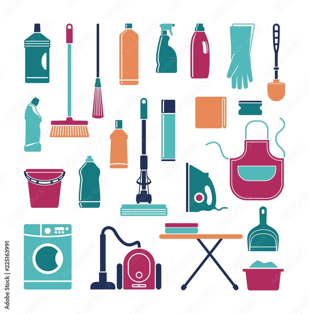 Icons of accessories and means for cleaning and housework Icons of accessories and means for cleaning and housework