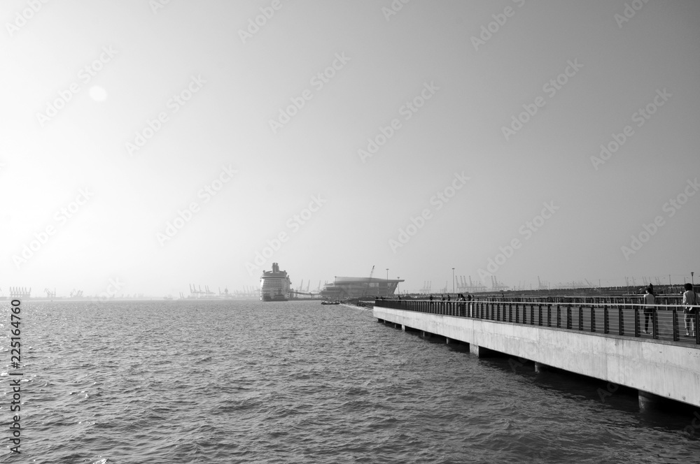 long pier on the beach leading to the cruise ship liner black and white photo