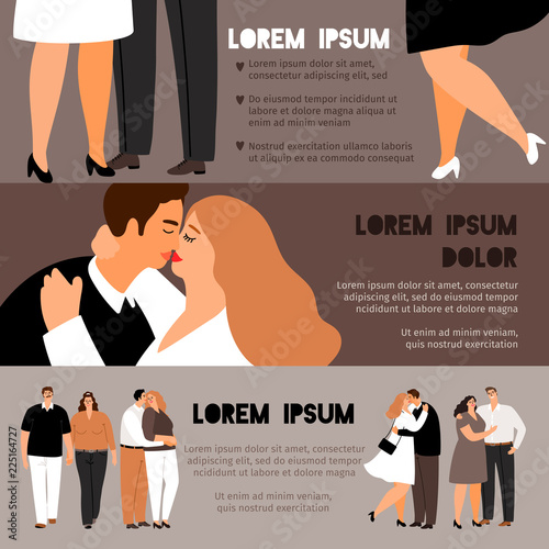 Overweight couples in love banners set, vector illustration