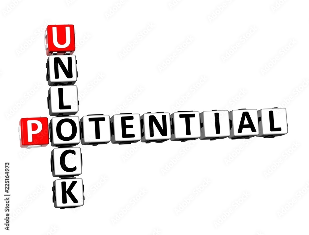 3D Rendering Crossword Unlock Potential text over white background 3D Rendering Crossword Unlock Potential text over white background