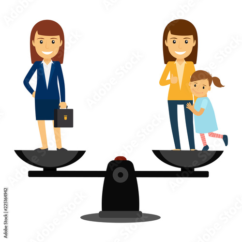 Business woman vs family woman. Flat concept between job and family, vector illustration