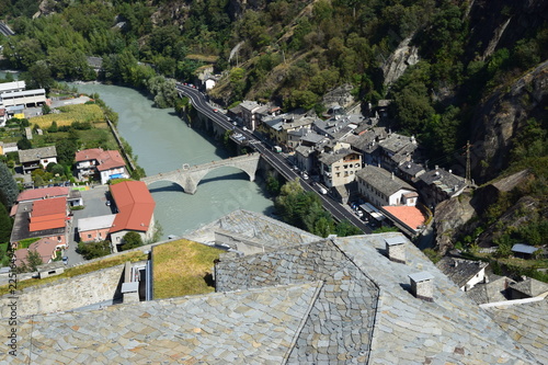 Valle d'Aosta - borgo di Bard e ponte sul fiume Dora Baltea (panorama dalla fortezza di Bard) photo