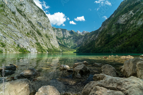 Classic panoramic view of Lake Konigssee on a sunny day in summer, Germany