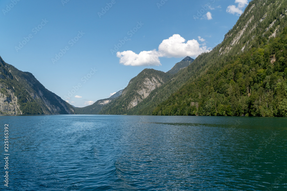 Classic panoramic view of Lake Konigssee on a sunny day in summer, Germany